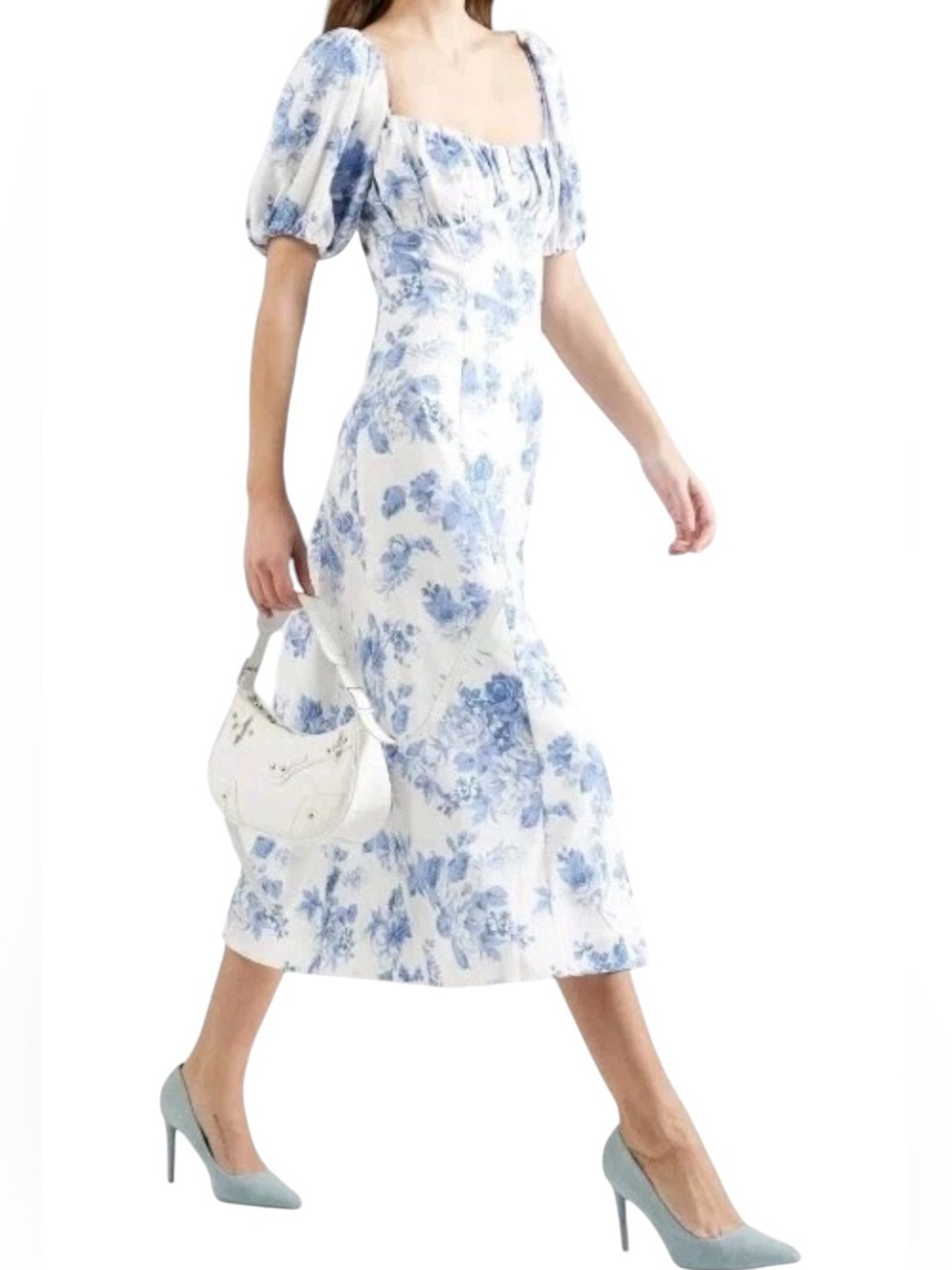 ABERCROMBIE & FITCH Blue and White Floral Puff-Sleeve Midi Dress NWOT 💙🤍🩵 - Picture 4 of 10